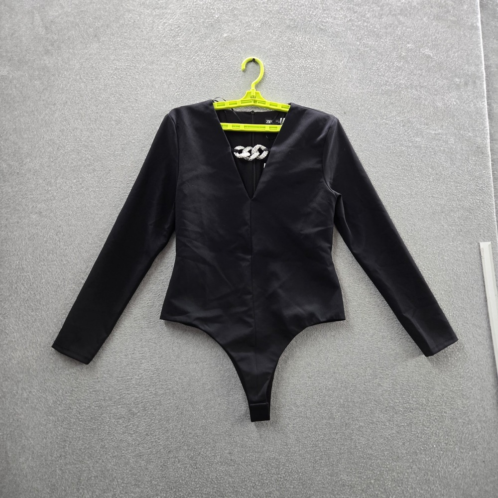 Zara Women Blouse L Black Bodysuit Beaded V-Neck Zip‎ Front Long Sleeve